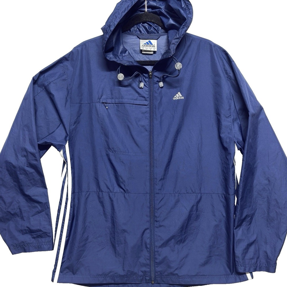 Vintage Adidas Hooded Jacket Navy Blue Windbreaker Full Zip 90s 3‎ Stripe Mens M